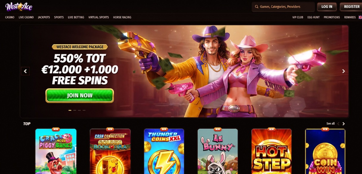 Westace casino met welkomstpakket van 550% tot €12.000 en 1.000 free spins, promotiebanner en online slotgames
