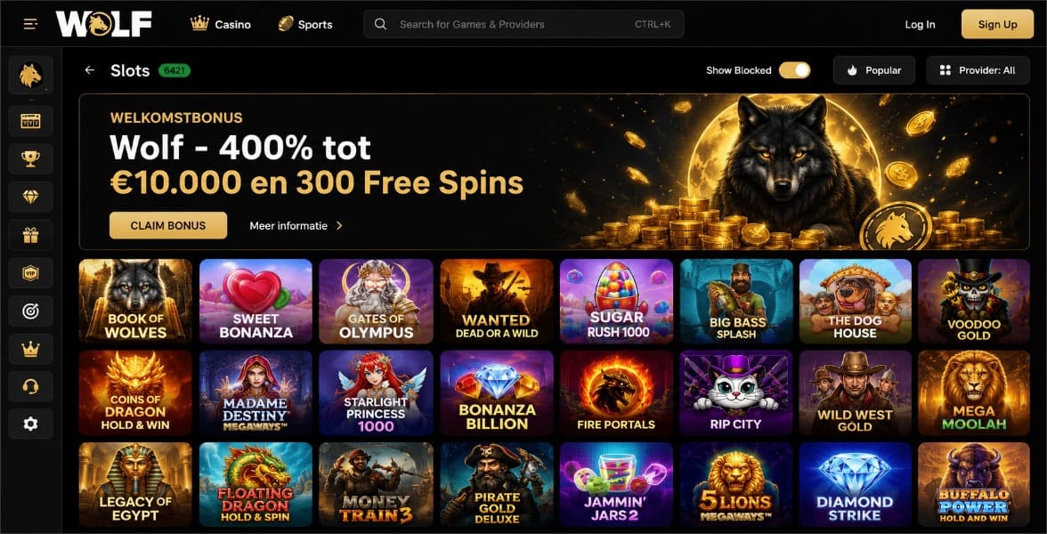Wolf casino slotpagina met 400% bonus tot €10.000 en 300 free spins, donkere interface en populaire casinospellen